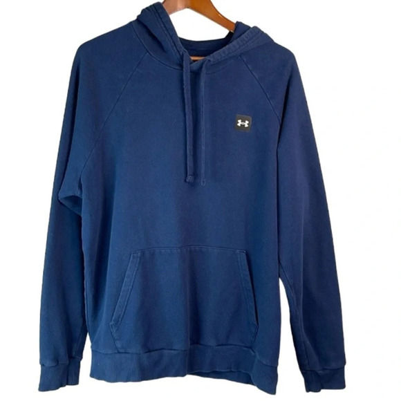 5/$25 UNDER ARMOUR Coldgear Loose Fit Kangaroo Hoodie Navy Blue Logo *As Is* L - Picture 2 of 12